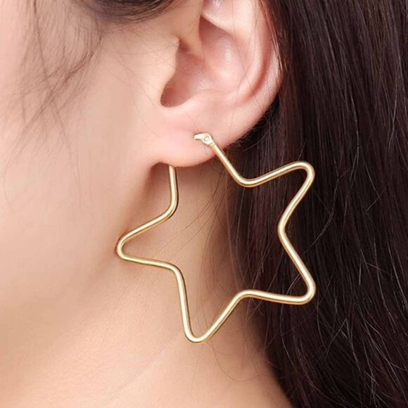 💖2/$30 Oversized 14K Gold tone Star shaped Western big hoop Earrings NEW - Picture 1 of 8